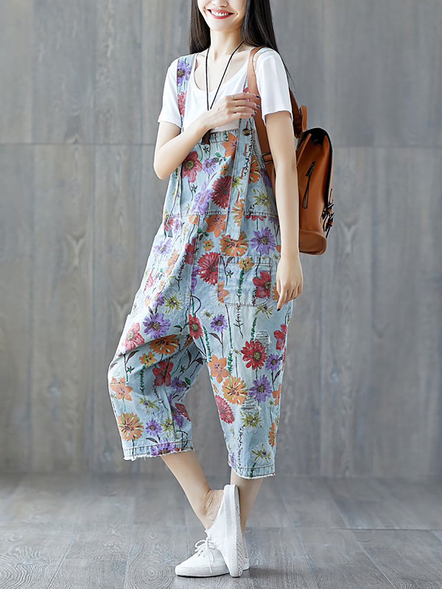 Women Summer Vintage Flower Pocket Button Denim Jumpsuits