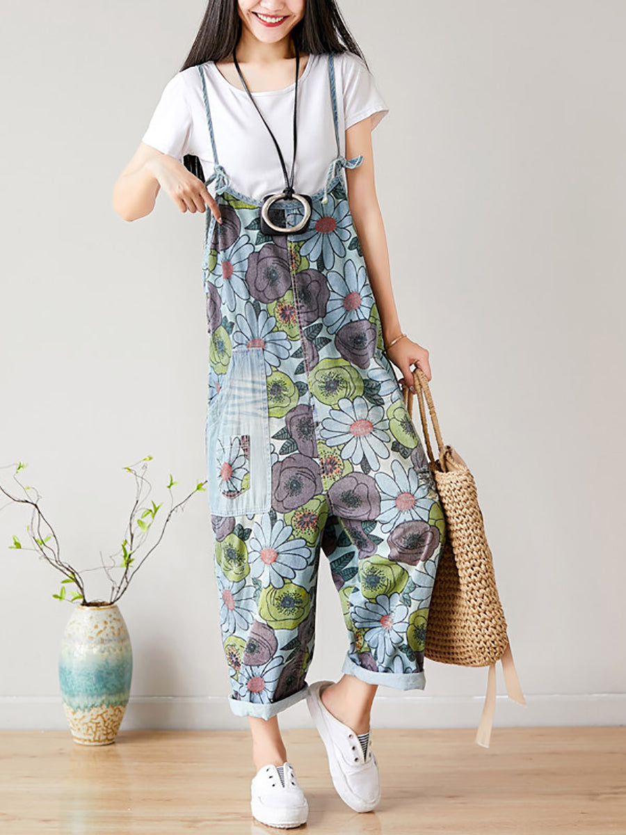 Women Summer Artsy Flower Pocket Loose Denim Jumpsuits