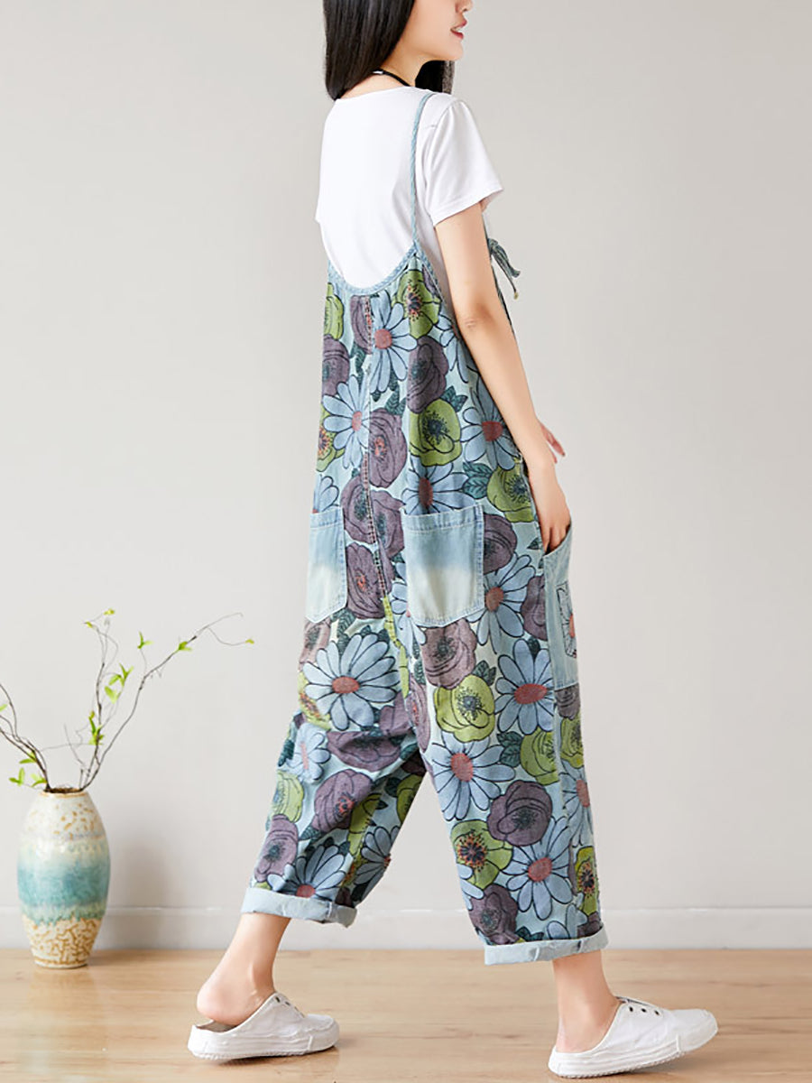 Women Summer Artsy Flower Pocket Loose Denim Jumpsuits