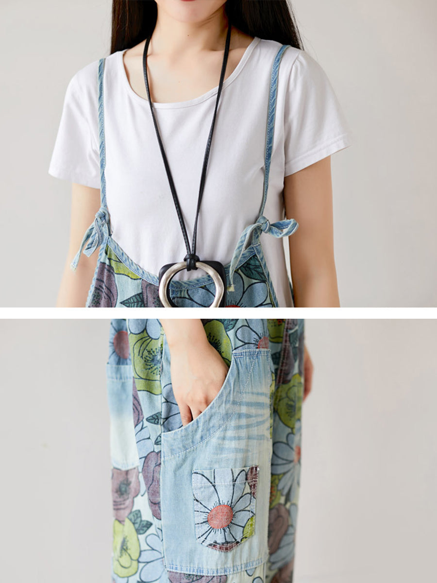 Women Summer Artsy Flower Pocket Loose Denim Jumpsuits