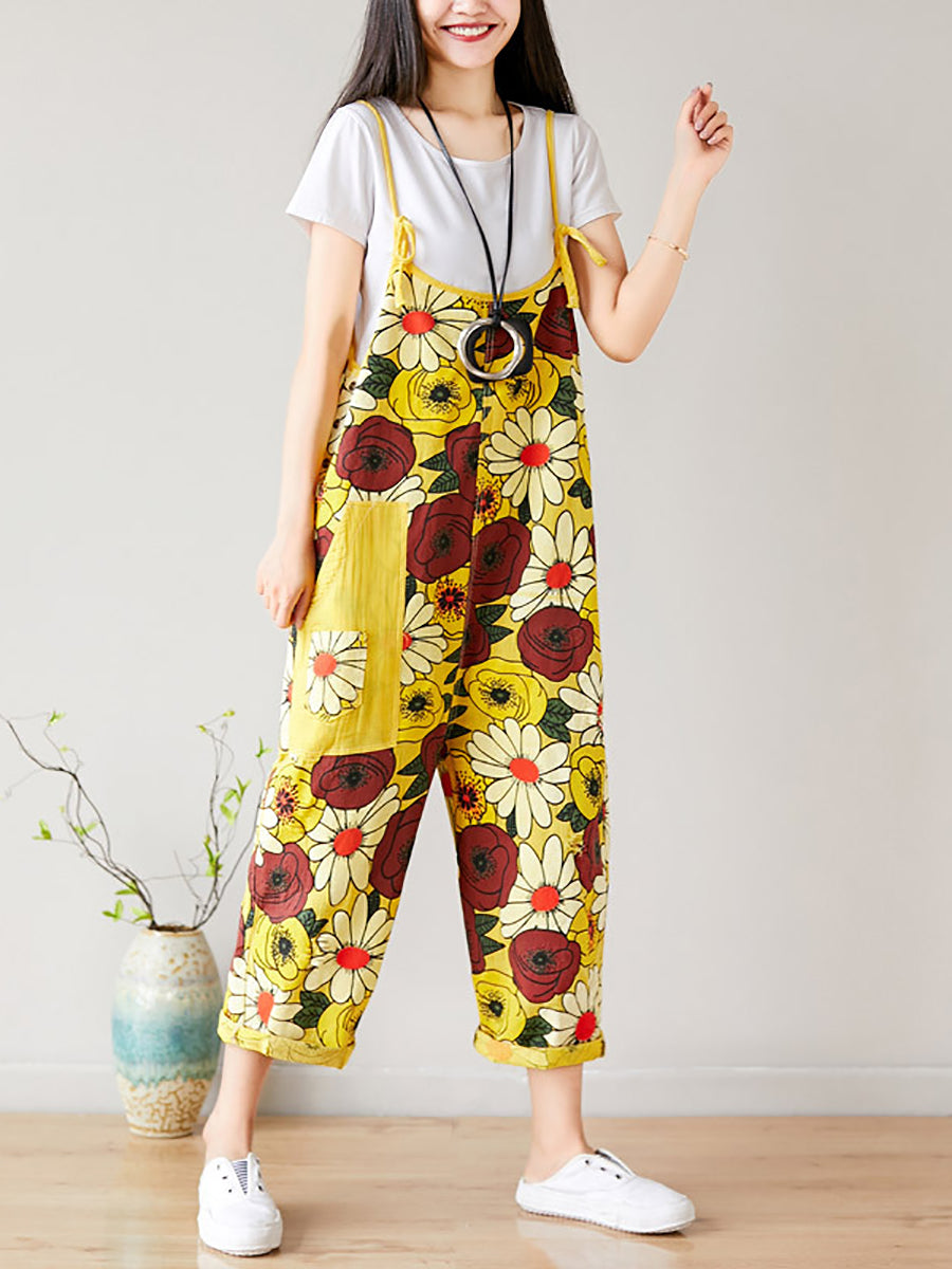 Women Summer Artsy Flower Pocket Loose Denim Jumpsuits