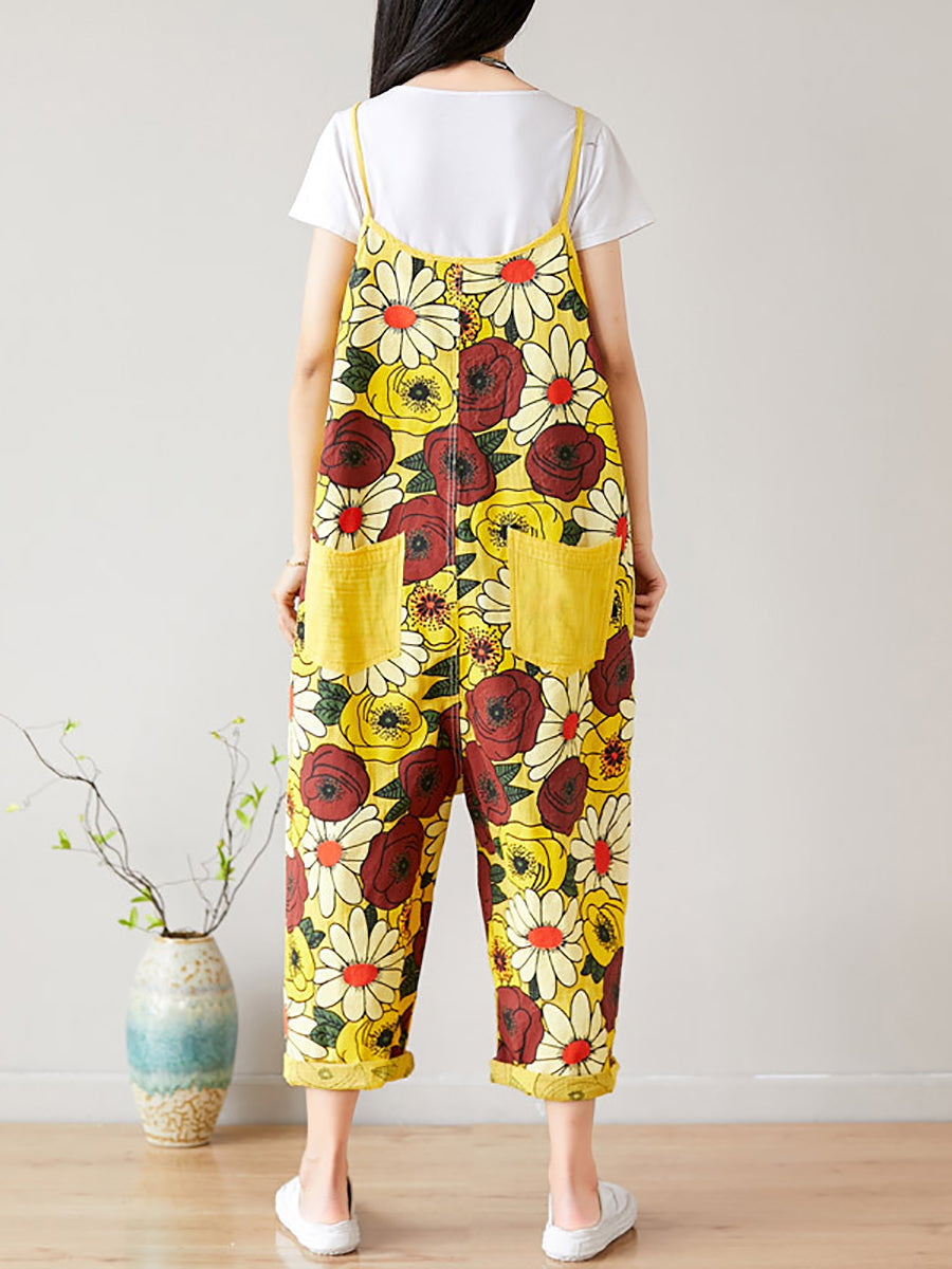 Women Summer Artsy Flower Pocket Loose Denim Jumpsuits