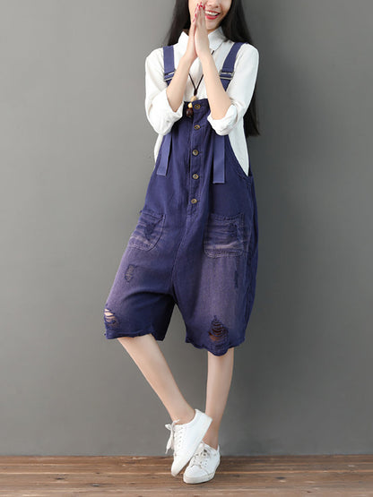 Women Summer Vintage Frayed Pocket Solid Short Jumpsuits