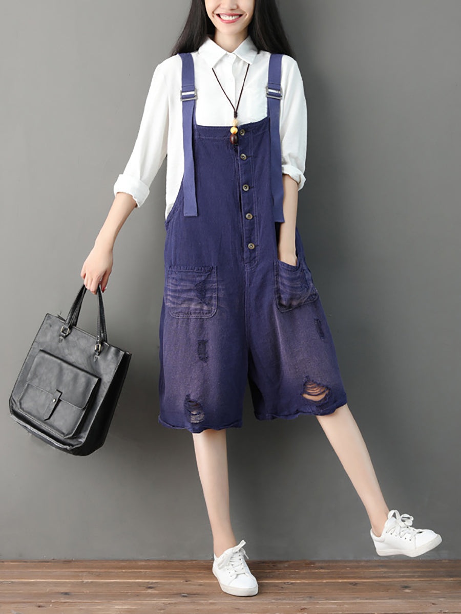 Women Summer Vintage Frayed Pocket Solid Short Jumpsuits