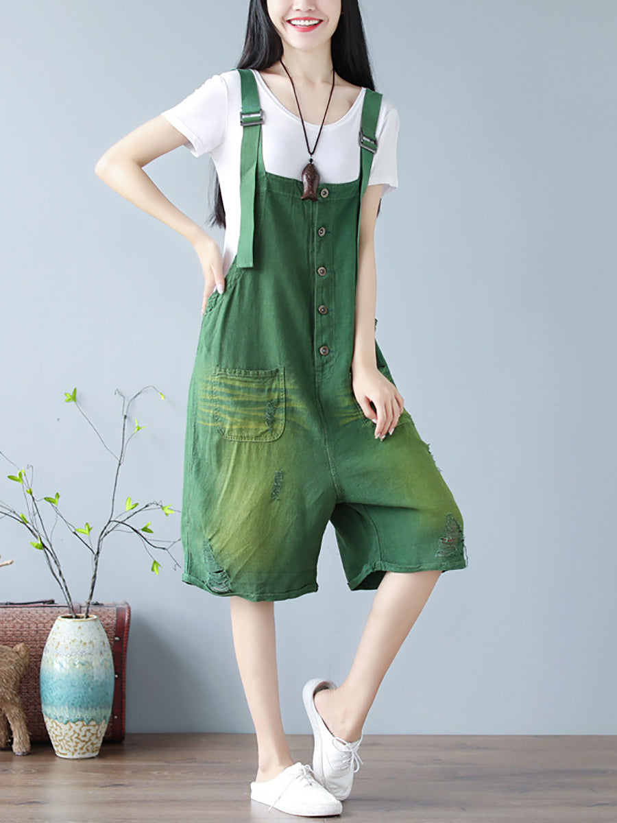 Women Summer Vintage Frayed Pocket Solid Short Jumpsuits