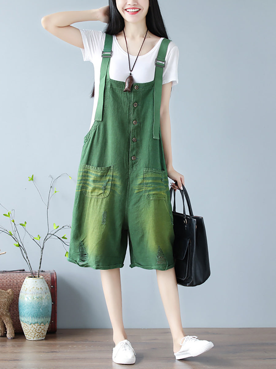 Women Summer Vintage Frayed Pocket Solid Short Jumpsuits