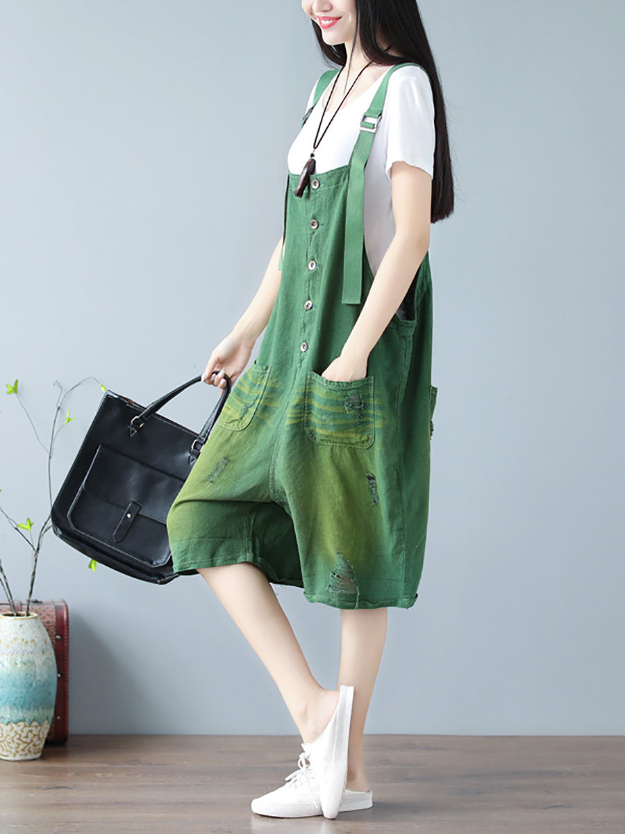 Women Summer Vintage Frayed Pocket Solid Short Jumpsuits