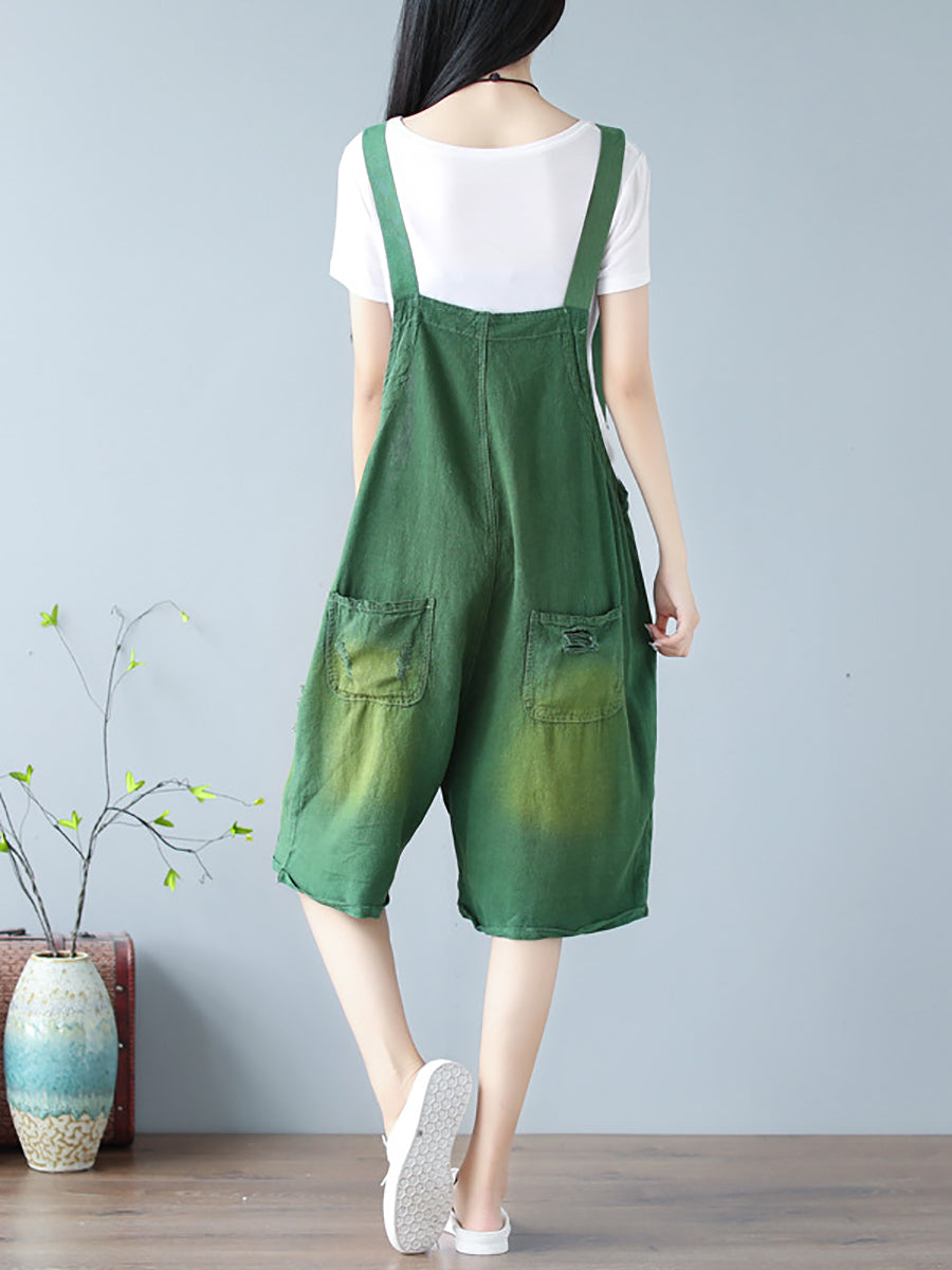 Women Summer Vintage Frayed Pocket Solid Short Jumpsuits