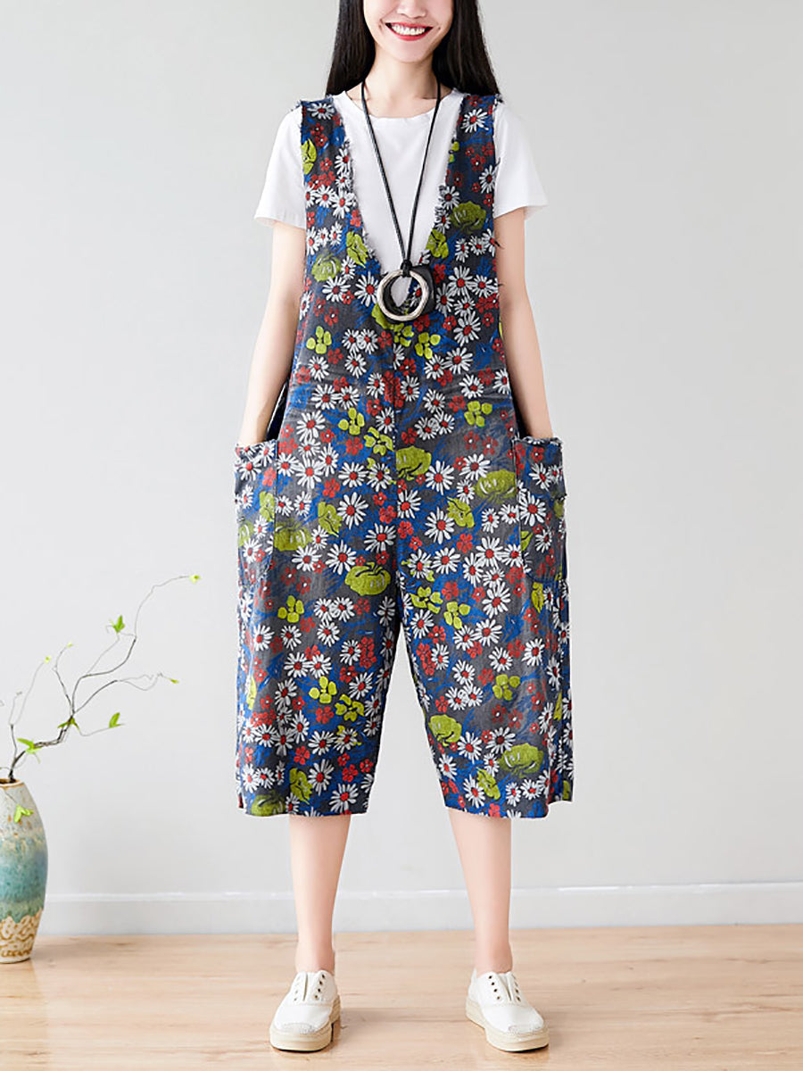 Women Summer Retro Floral Pocket V-Neck Loose Denim Jumpsuits