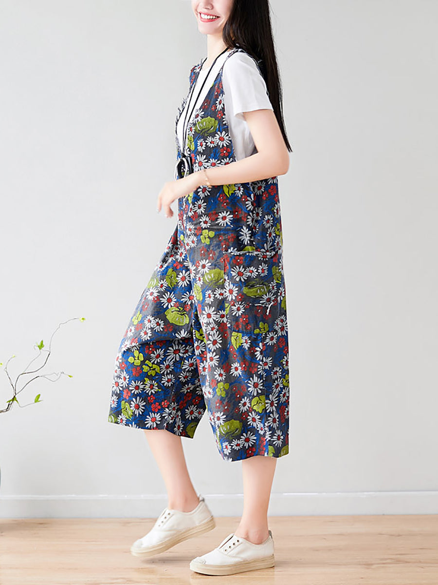 Women Summer Retro Floral Pocket V-Neck Loose Denim Jumpsuits