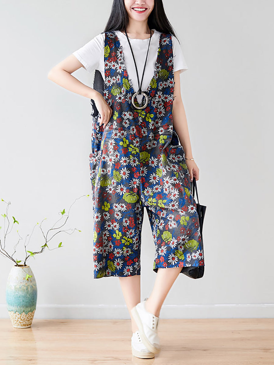 Women Summer Retro Floral Pocket V-Neck Loose Denim Jumpsuits