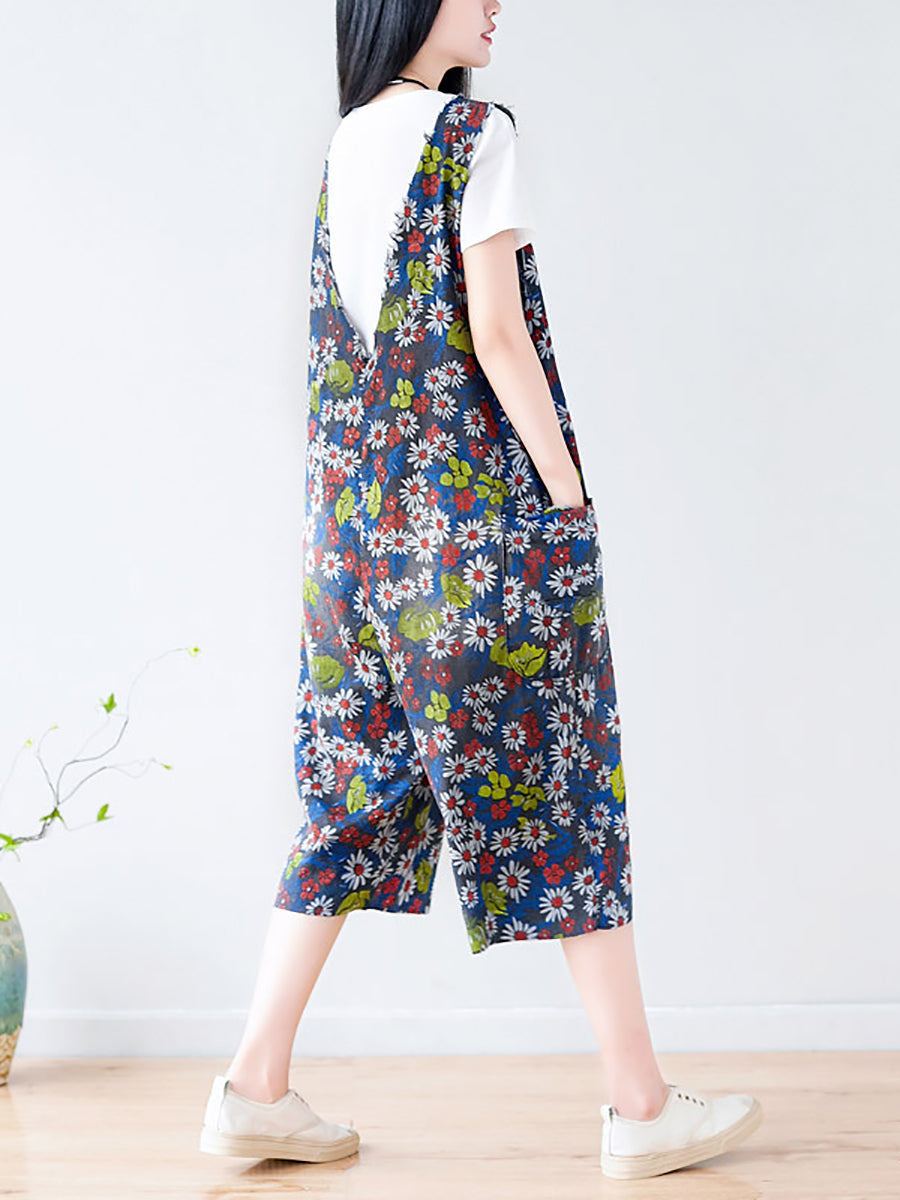 Women Summer Retro Floral Pocket V-Neck Loose Denim Jumpsuits