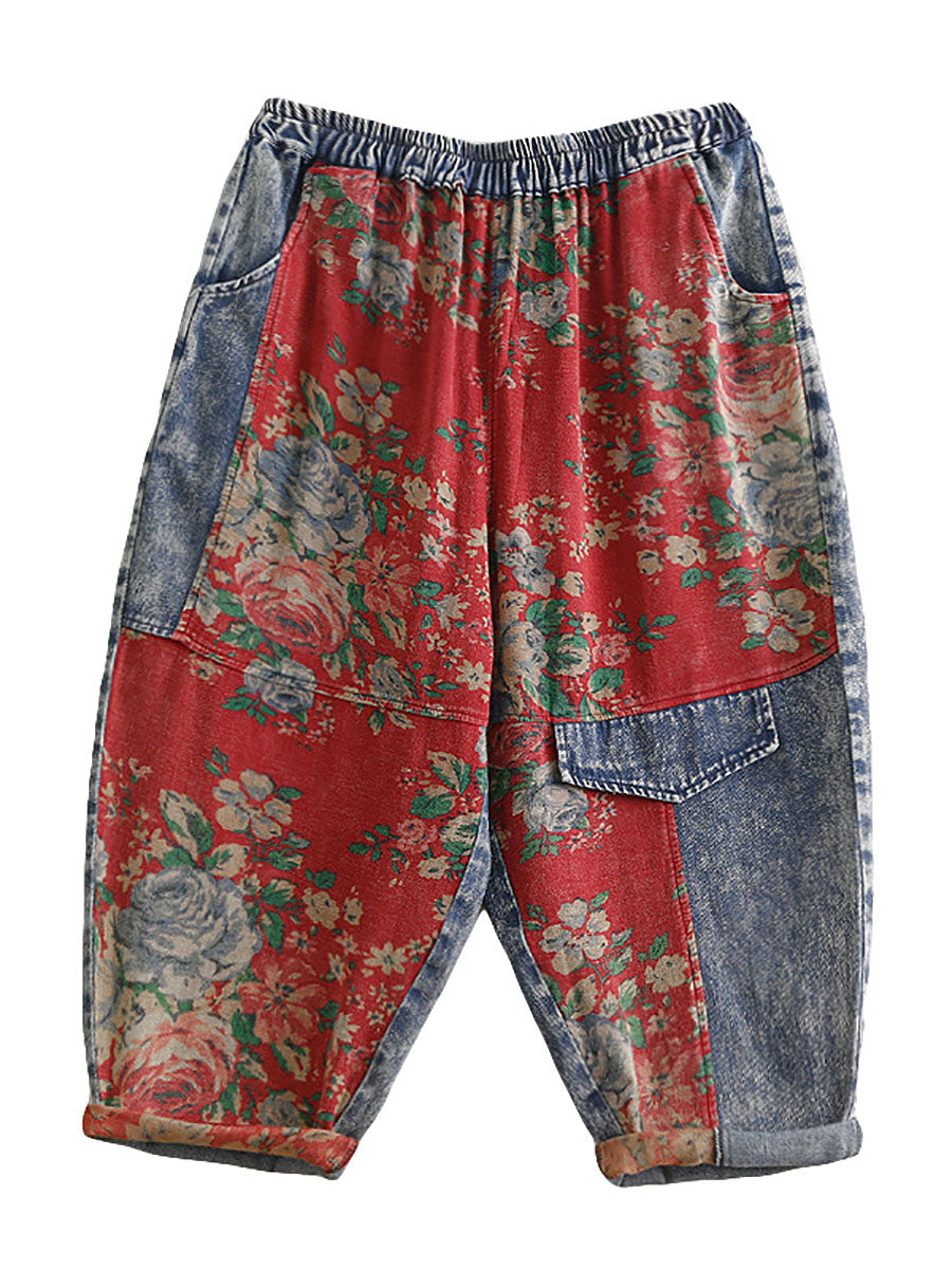 Women Summer Vintage Floral Patch Spliced Harem Pants