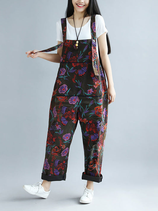 Women Retro Flower Button Spliced Loose Jumpsuits