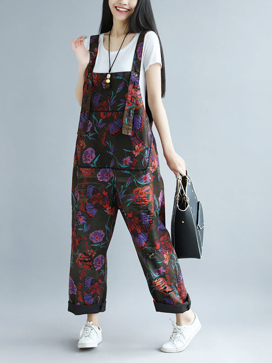 Women Retro Flower Button Spliced Loose Jumpsuits