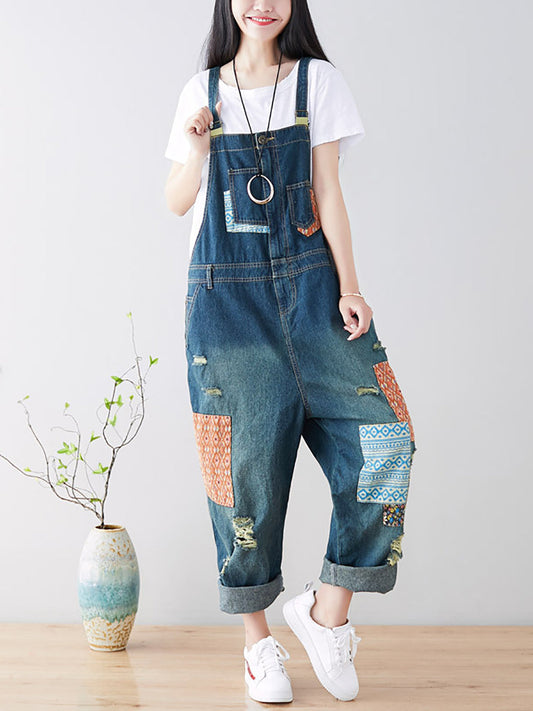 Women Casual Patch Spliced Spring Denim Jumpsuits