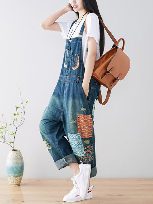 Women Casual Patch Spliced Spring Denim Jumpsuits