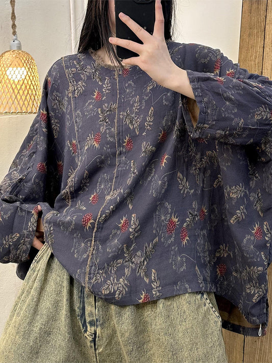 Women Spring Retro Flower Spliced Loose Shirt