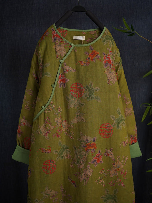 Women Ethnic Flower Print Linen Padded Robe Dress