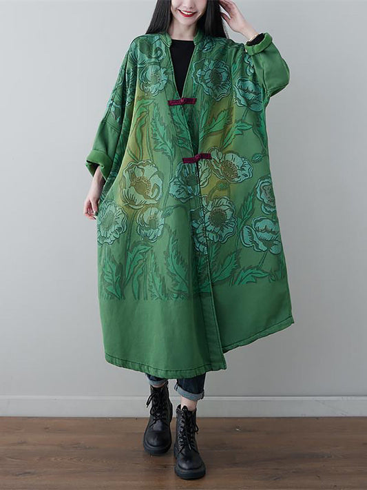Women Retro Flower Print Denim Spring Long Coat