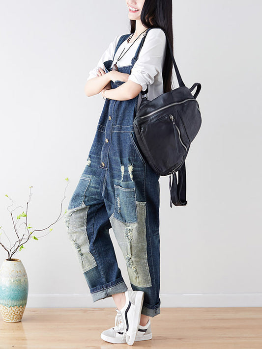 Women Spring Worn Spliced Denim Jumpsuits