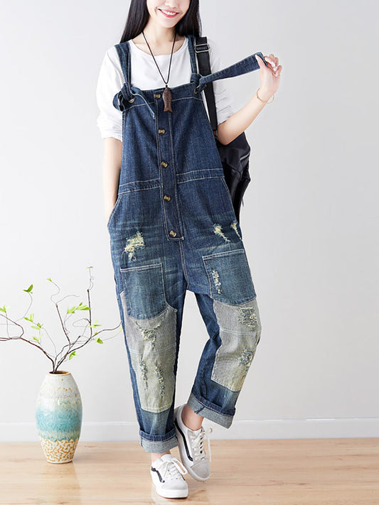 Women Spring Worn Spliced Denim Jumpsuits