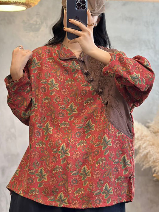 Women Spring Ethnic Floral Patchwork Buckle Linen Shirt