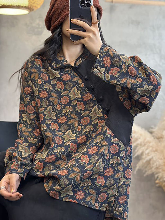 Women Spring Ethnic Floral Patchwork Buckle Linen Shirt