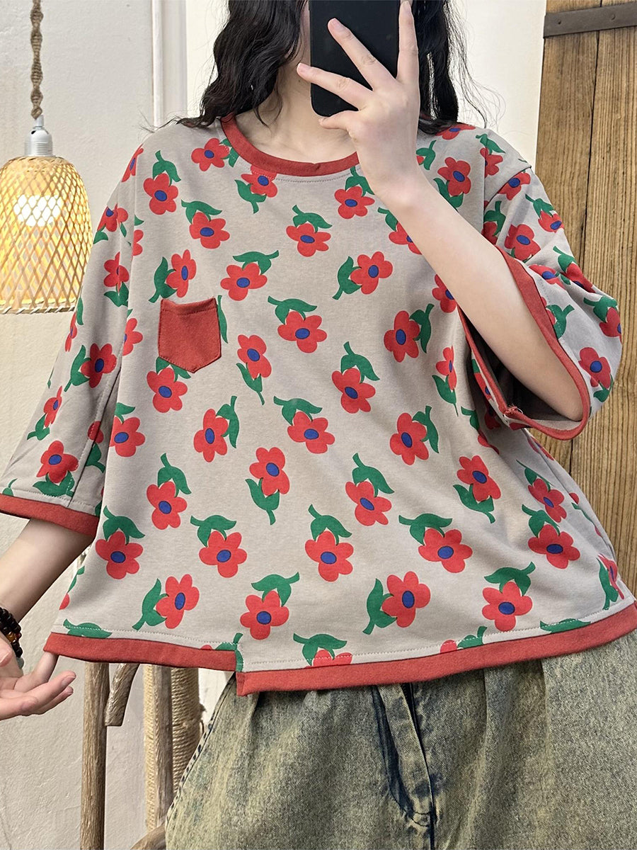 Women Casual Summer Flower Spliced Irregular Hem Shirt