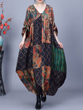 Women Spring Ethnic Spliced V-Neck Loose Dress