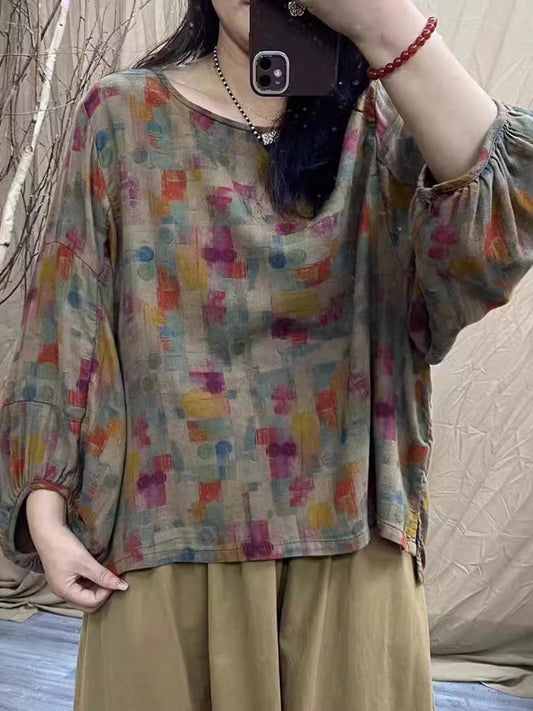 Women Vintage Print Batwing Sleeve Linen Shirt