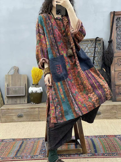 Women Spring Vintage Floral Spliced Linen Dress