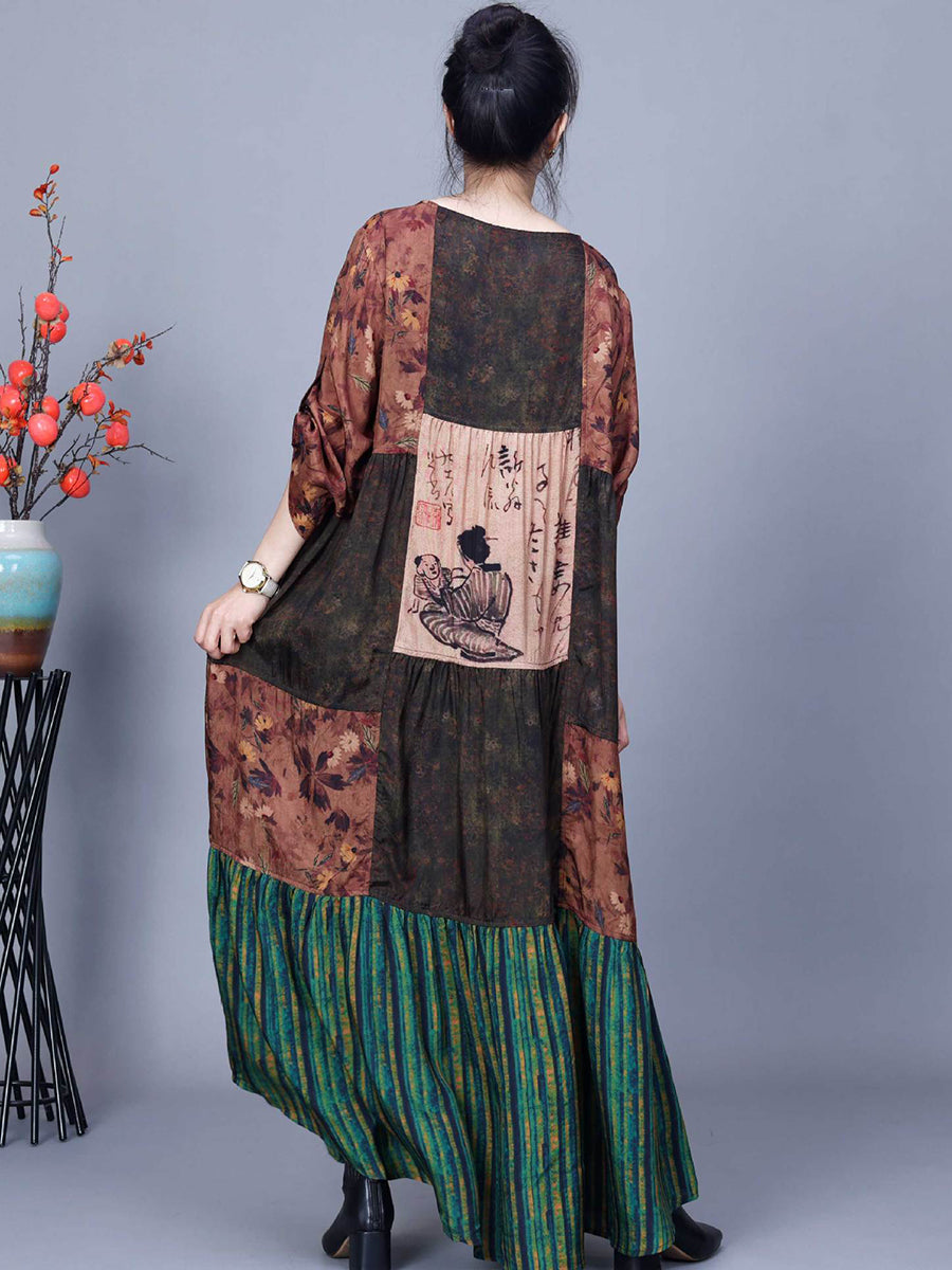 Women Vintage Spring Spliced Loose Dress