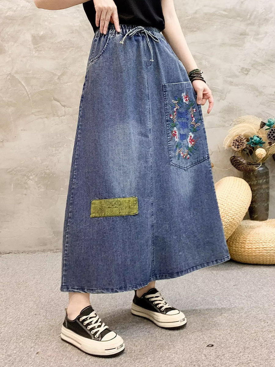 Women Retro Flower Embroidery Denim Skirt