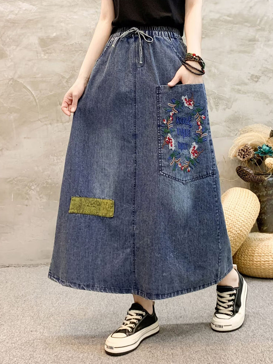 Women Retro Flower Embroidery Denim Skirt