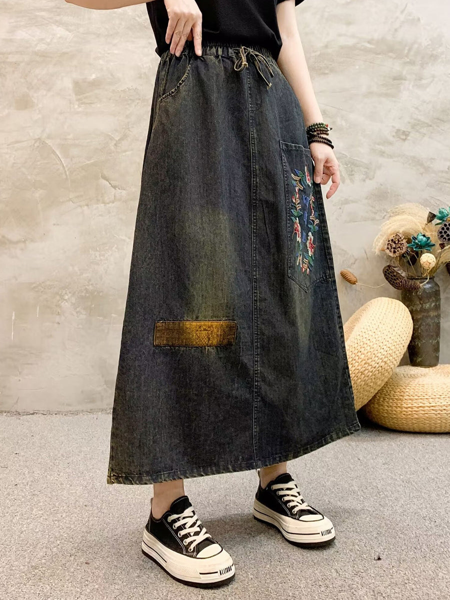 Women Retro Flower Embroidery Denim Skirt