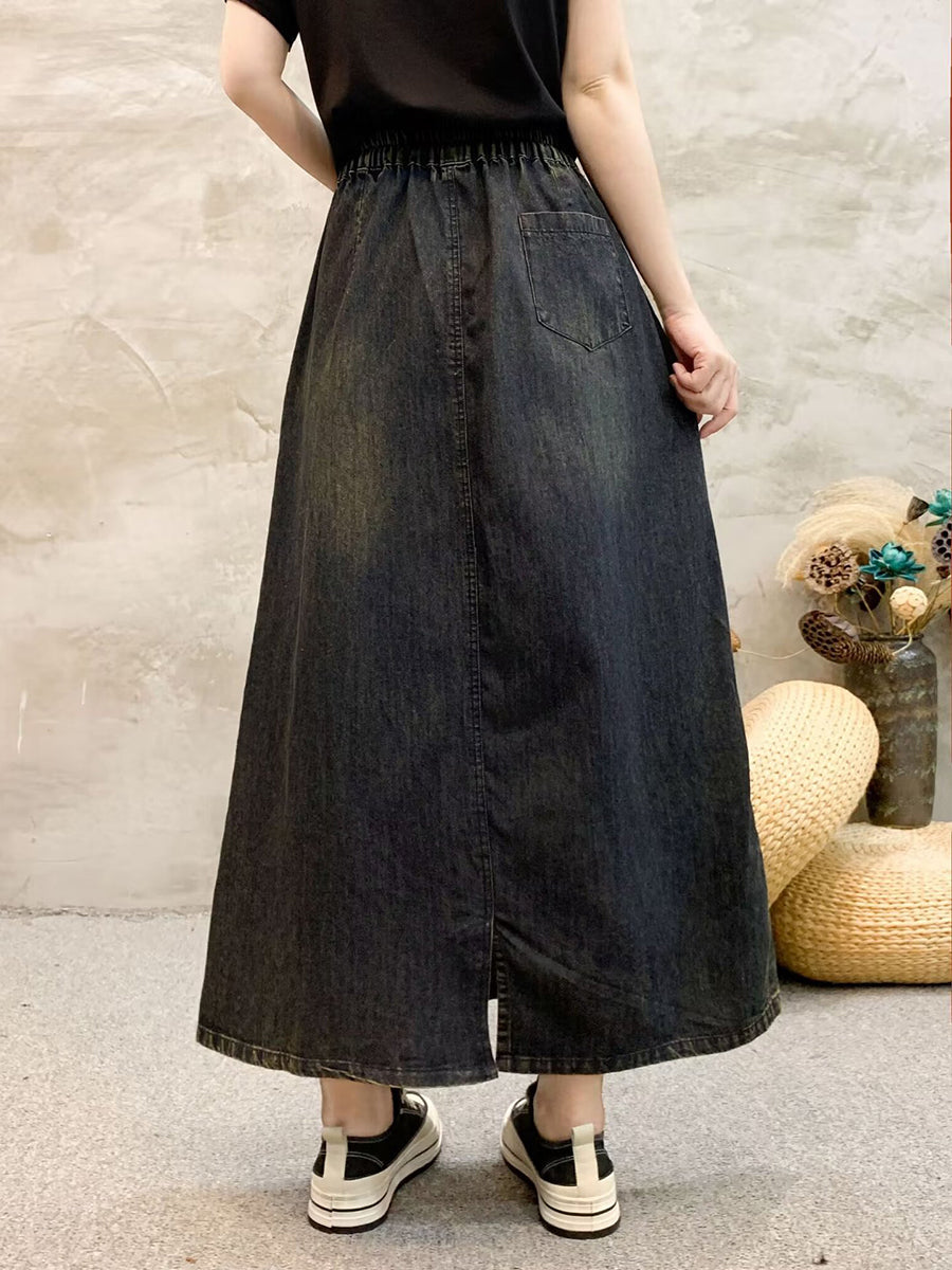 Women Retro Flower Embroidery Denim Skirt