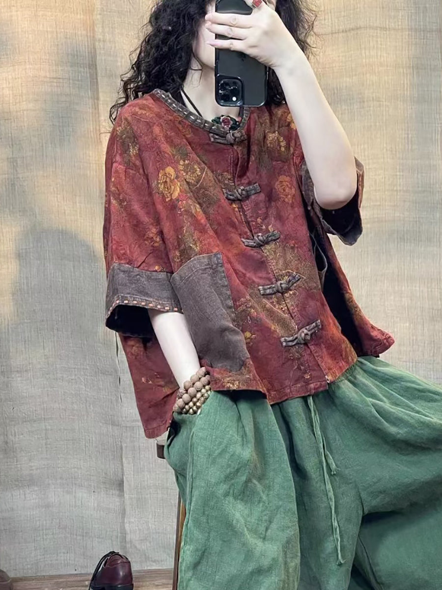 Women Summer Vintage Flower Spliced Linen Shirt