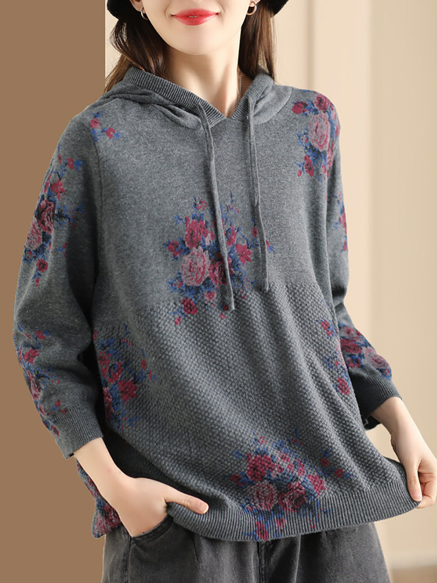 Women Vintage Floral Knitted Hooded Sweatshirt