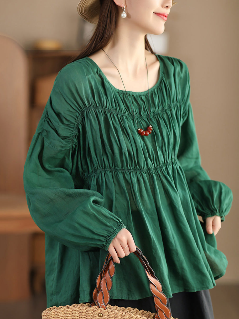 Women Artsy Spring Ramie Shirred Loose Shirt