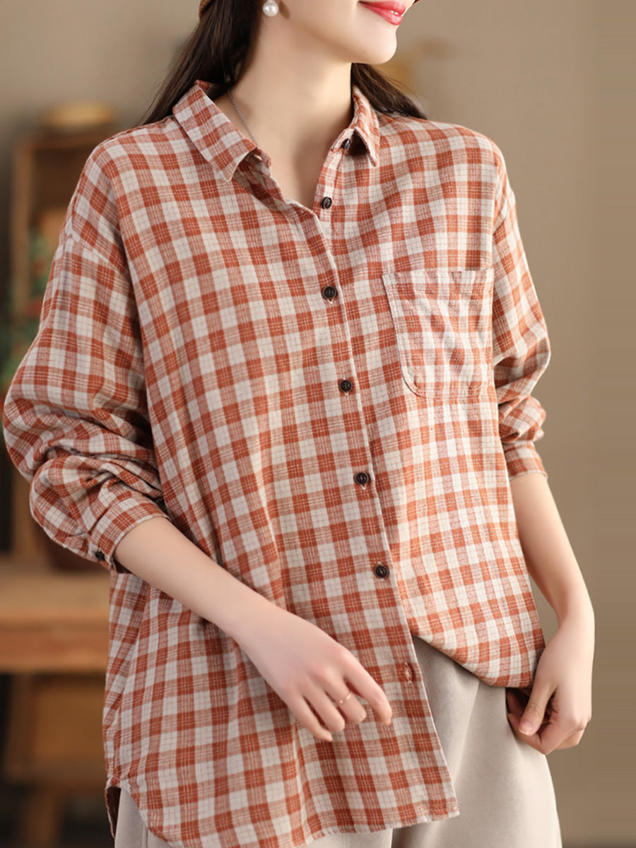 Women Casual Spring Cotton Plaid Shirt