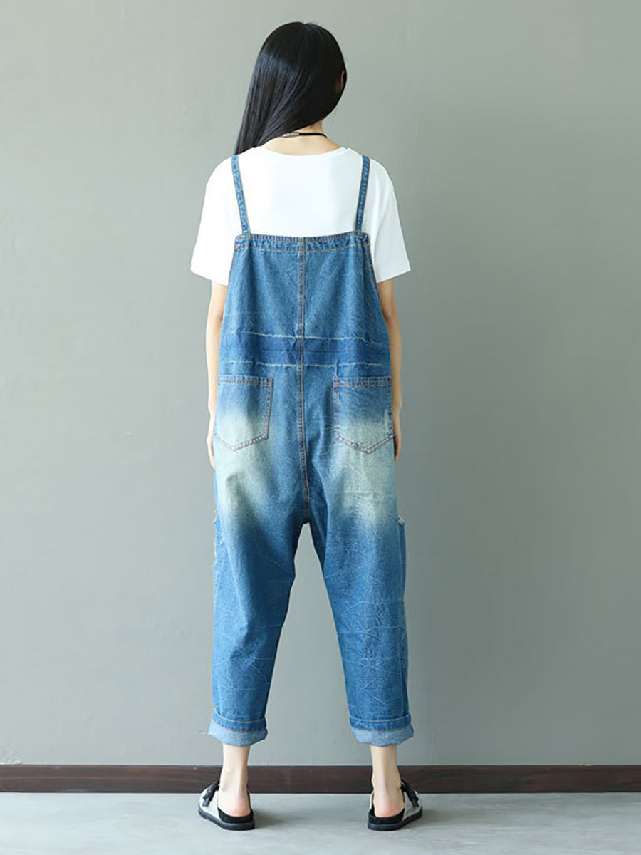 Women Summer Retro Splash-ink Pocket Loose Denim Jumpsuits