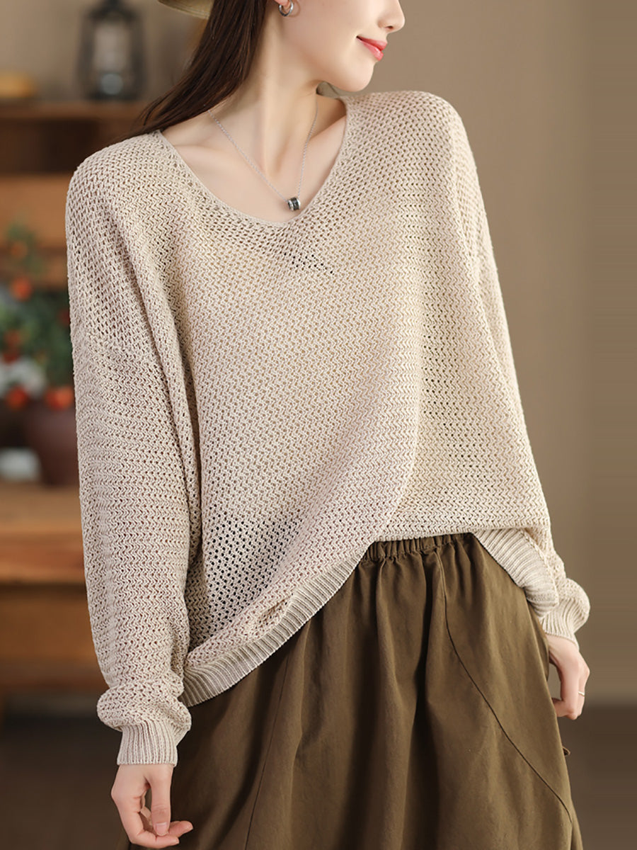 Women Spring Cotton Knitted V-neck Solid Casual Sweatshirt