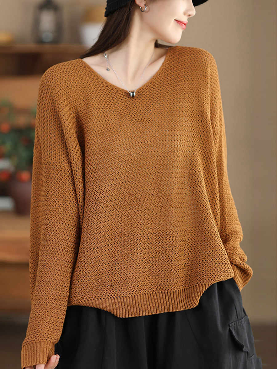 Women Spring Cotton Knitted V-neck Solid Casual Sweatshirt