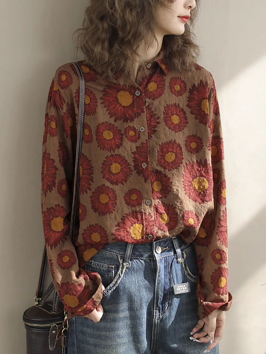 Women Vintage Floral Spring Cotton Loose Shirt