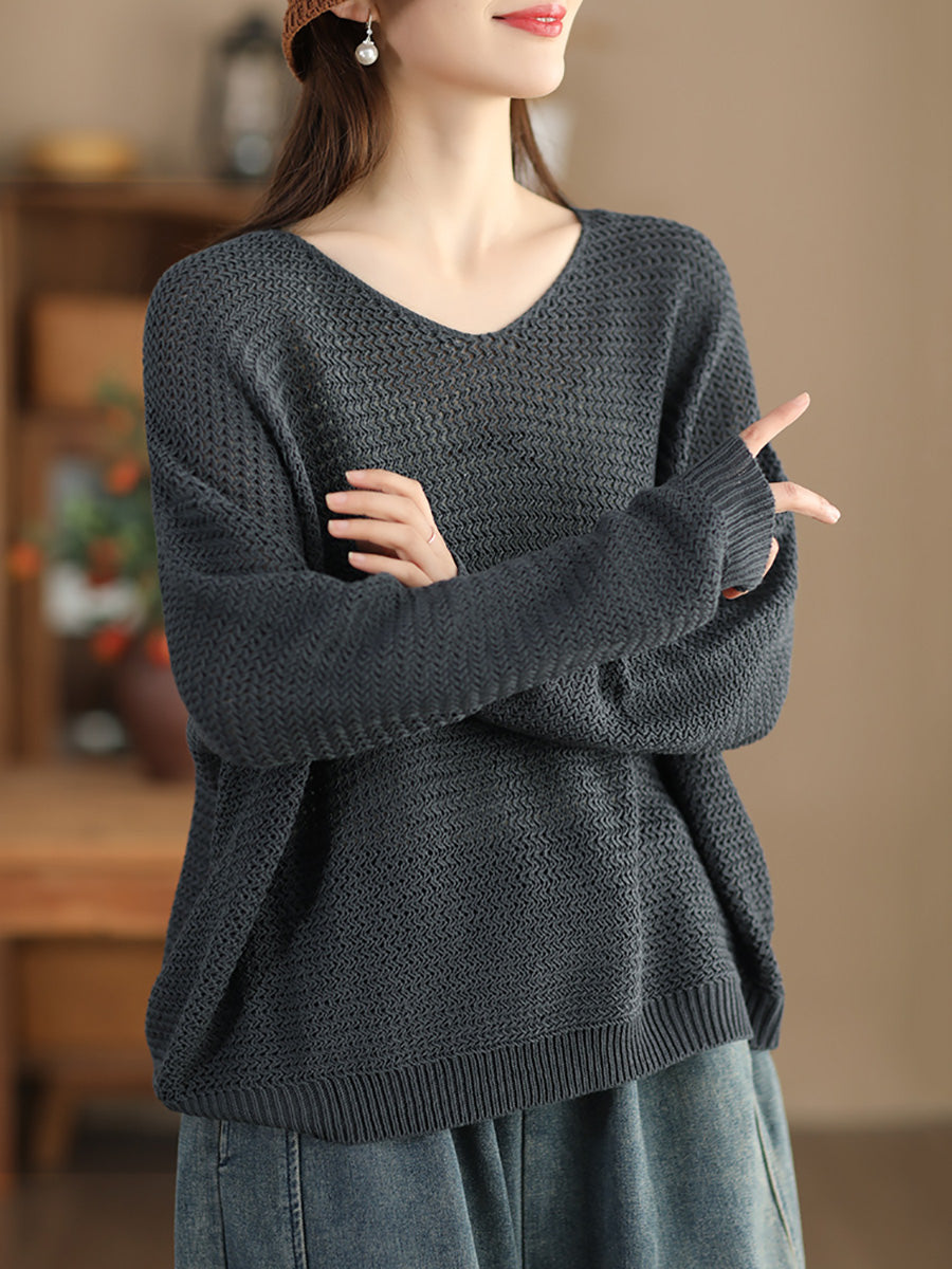 Women Spring Cotton Knitted V-neck Solid Casual Sweatshirt