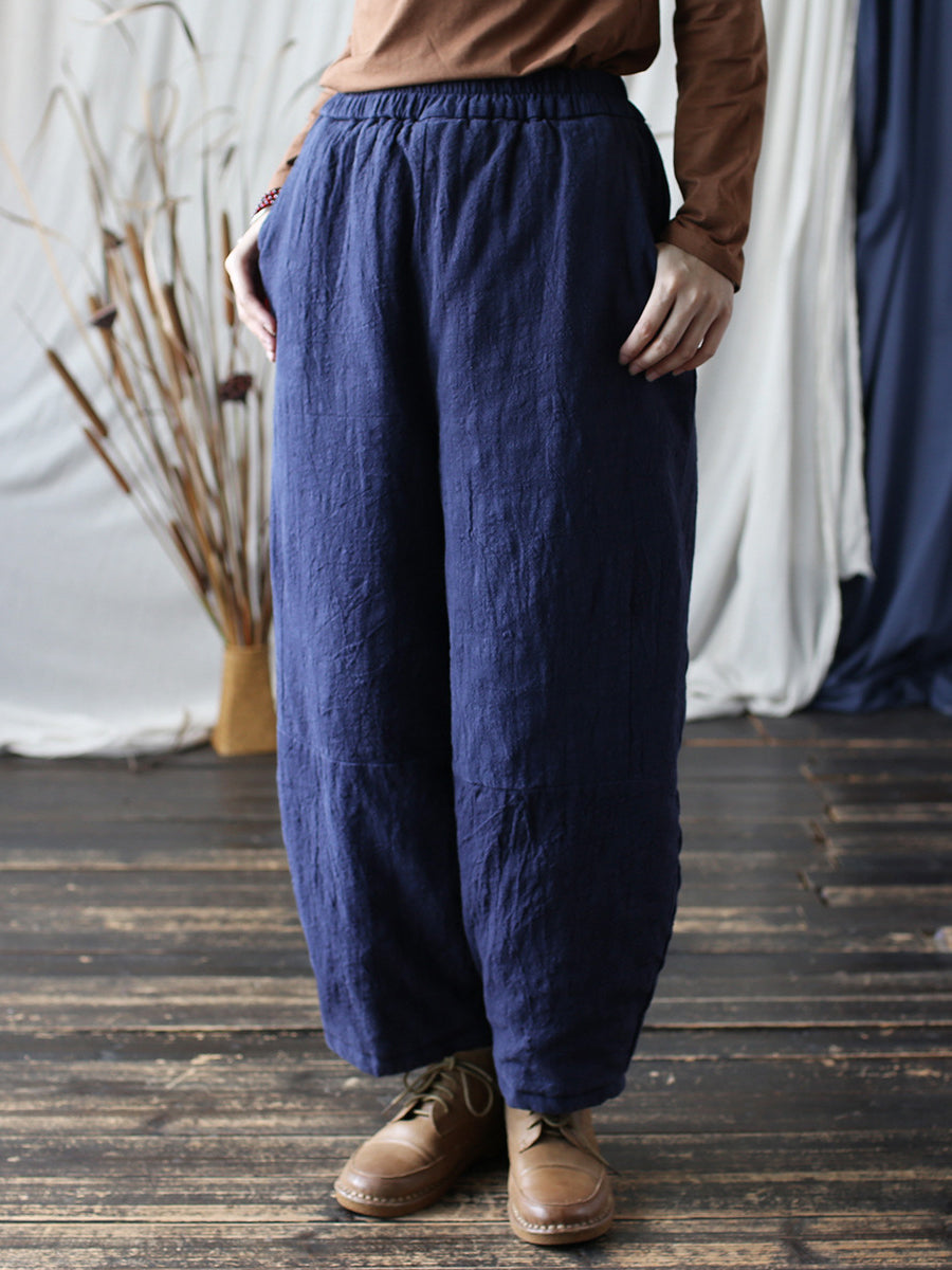 Women Vintage Winter Solid Ramie Padded Harem Pants