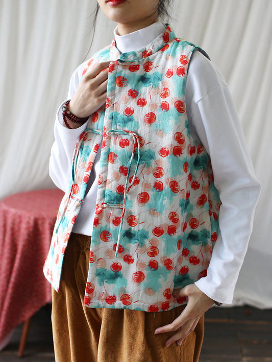 Women Vintage Flower Winter Ramie Padded Vest Coat