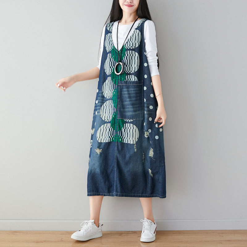 Women Artsy Dot Print Frayed Pocket Vest Denim Dress