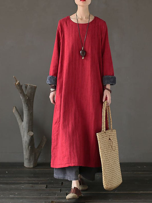 Women Ethnic Artsy Warm Solid Jacquard Long Dress